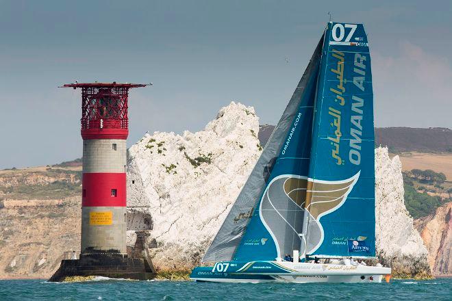 Oman Air-Musandam racing close to the historic needles on the Isle of Wight - 2015 AAM Cowes Week – Artemis Challenge © Lloyd Images